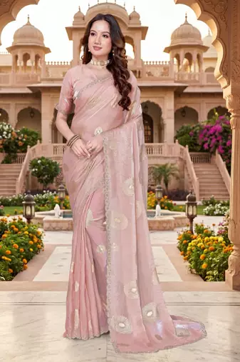 dusty peach color fendy silk blend foil print with zircon work saree