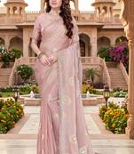 dusty peach color fendy silk blend foil print with zircon work saree