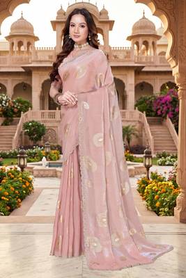 dusty peach color fendy silk blend foil print with zircon work saree 2