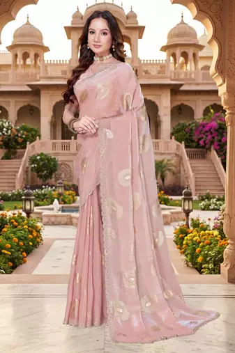 dusty peach color fendy silk blend foil print with zircon work saree