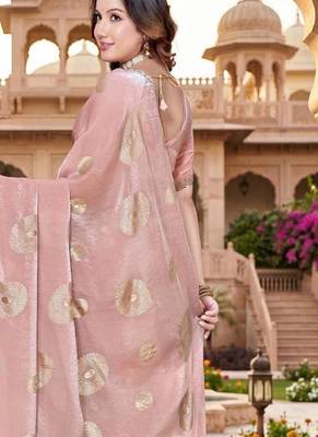 dusty peach color fendy silk blend foil print with zircon work saree 3