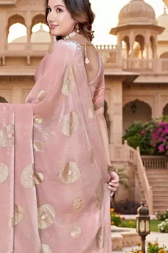 dusty peach color fendy silk blend foil print with zircon work saree
