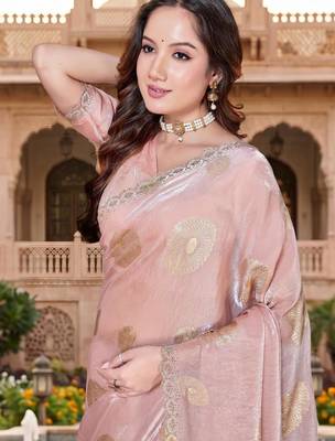 dusty peach color fendy silk blend foil print with zircon work saree 4