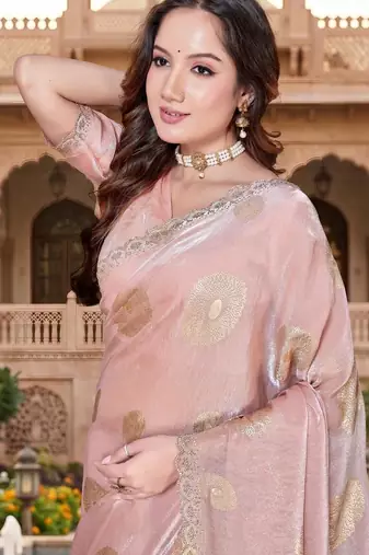 dusty peach color fendy silk blend foil print with zircon work saree