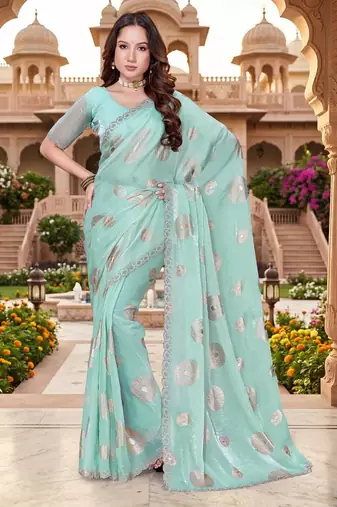 sky blue color fendy silk blend foil print with zircon work saree