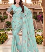 sky blue color fendy silk blend foil print with zircon work saree
