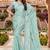 sky blue color fendy silk blend foil print with zircon work saree