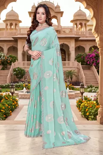 sky blue color fendy silk blend foil print with zircon work saree