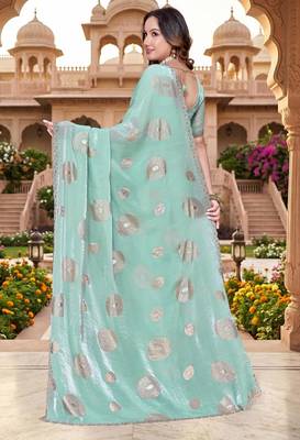 sky blue color fendy silk blend foil print with zircon work saree 3