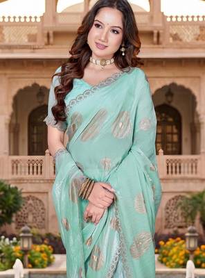 sky blue color fendy silk blend foil print with zircon work saree 4