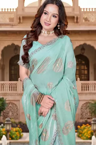 sky blue color fendy silk blend foil print with zircon work saree