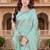 sky blue color fendy silk blend foil print with zircon work saree