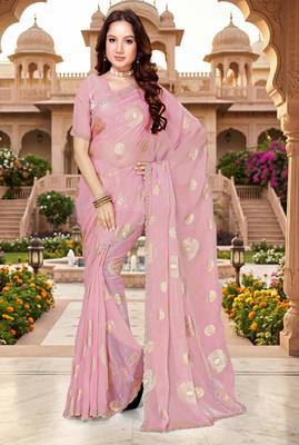 dusty pink color fendy silk blend foil print with zircon work saree 1