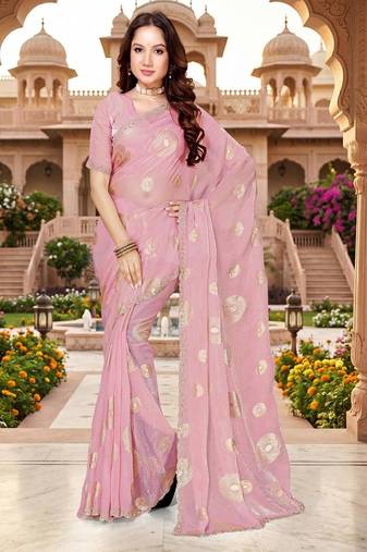 dusty pink color fendy silk blend foil print with zircon work saree