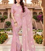 dusty pink color fendy silk blend foil print with zircon work saree
