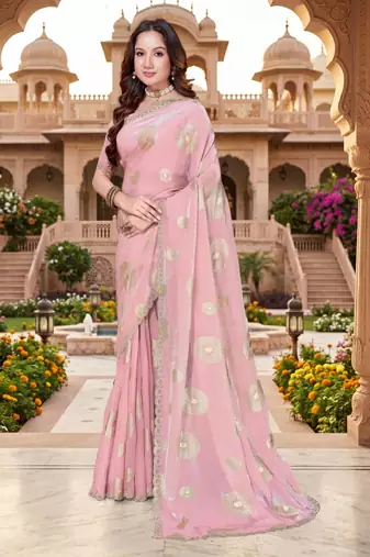 dusty pink color fendy silk blend foil print with zircon work saree