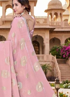 dusty pink color fendy silk blend foil print with zircon work saree 3