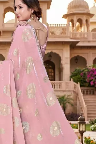 dusty pink color fendy silk blend foil print with zircon work saree