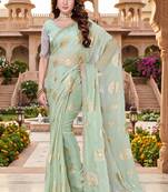 dusty pista color fendy silk blend foil print with zircon work saree