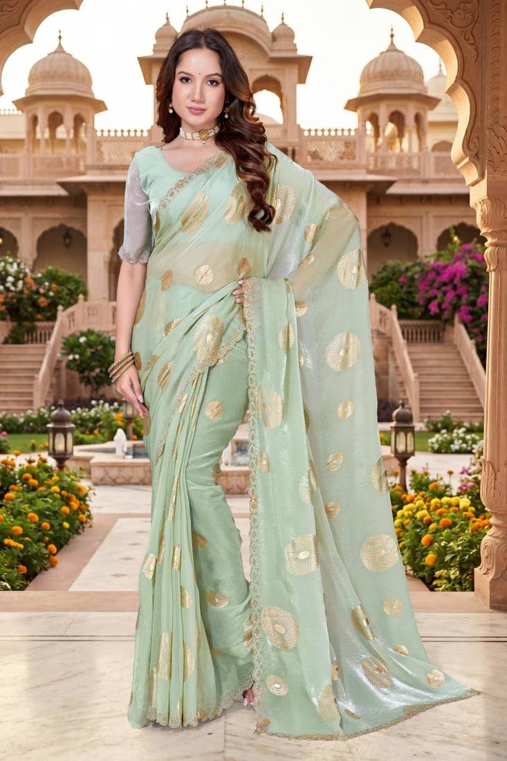 dusty pista color fendy silk blend foil print with zircon work saree