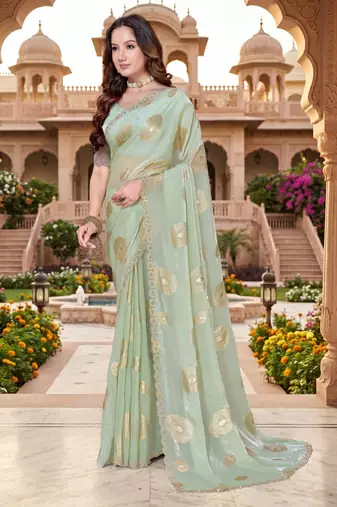 dusty pista color fendy silk blend foil print with zircon work saree
