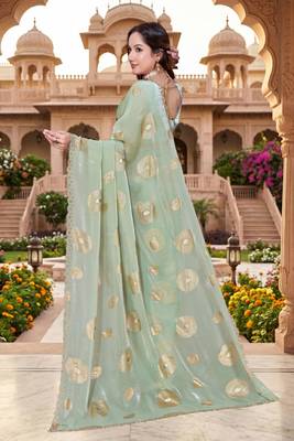 dusty pista color fendy silk blend foil print with zircon work saree 3