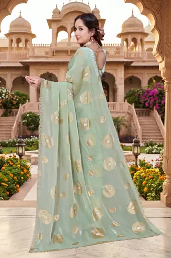 dusty pista color fendy silk blend foil print with zircon work saree