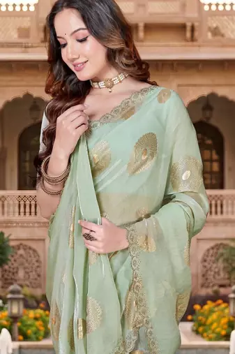 dusty pista color fendy silk blend foil print with zircon work saree