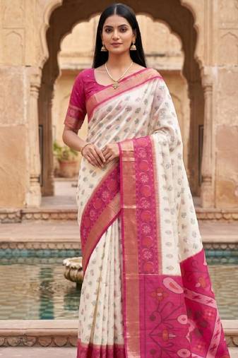White color pochampally silk blend ikkat design zari border sarees