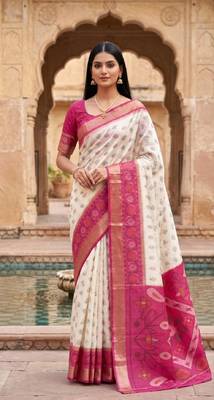 White color pochampally silk blend ikkat design zari border sarees 1