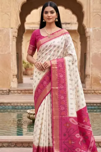 White color pochampally silk blend ikkat design zari border sarees