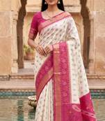 White color pochampally silk blend ikkat design zari border sarees
