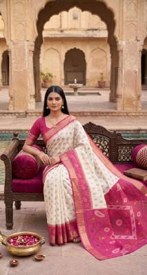 White color pochampally silk blend ikkat design zari border sarees 3