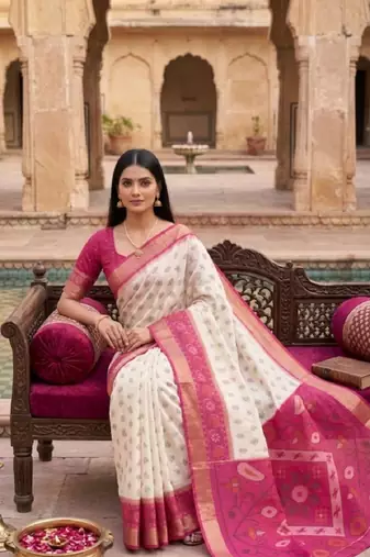 White color pochampally silk blend ikkat design zari border sarees