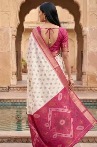 White color pochampally silk blend ikkat design zari border sarees