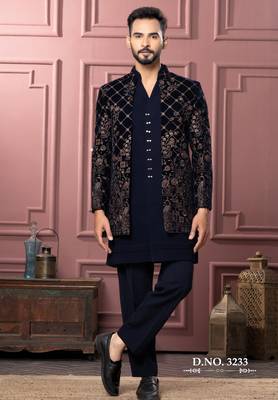 Blue vneck open indowestern for men | premium men's ethnic wear 1