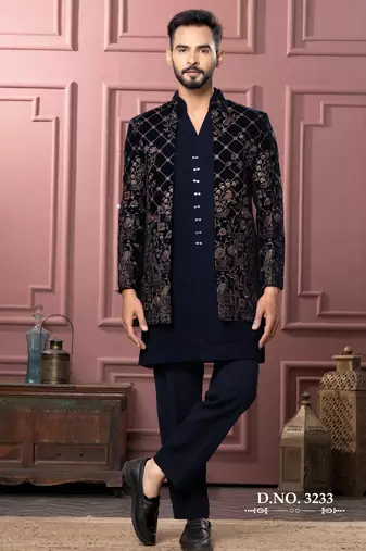 Blue vneck open indowestern for men | premium men's ethnic wear