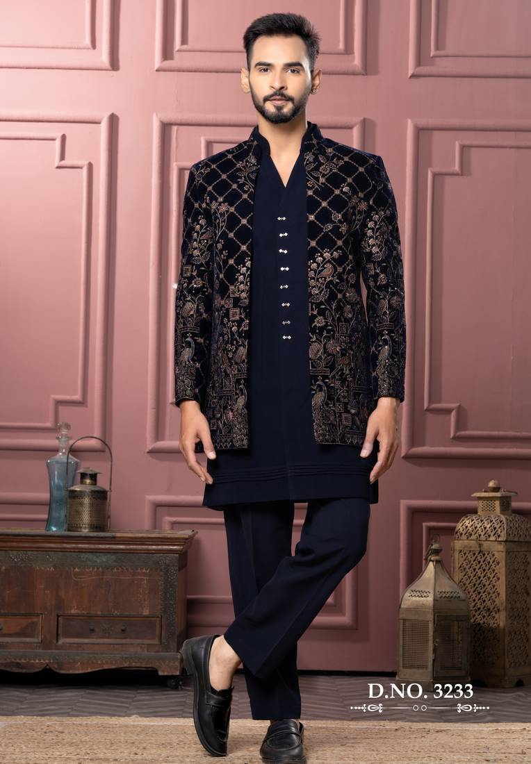 Blue vneck open indowestern for men | premium men's ethnic wear