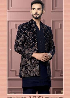 Blue vneck open indowestern for men | premium men's ethnic wear 2