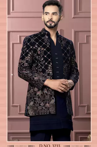Blue vneck open indowestern for men | premium men's ethnic wear