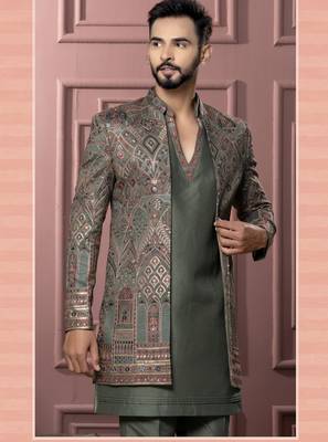 Mendi green open indowestern for men | premium men's ethnic wear 2
