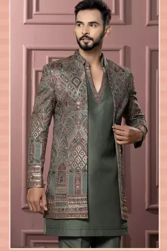 Mendi green open indowestern for men | premium men's ethnic wear