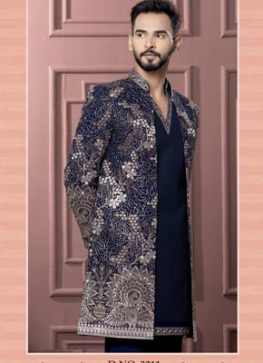 Blue vneck open indowestern for men | premium men's ethnic wear 2
