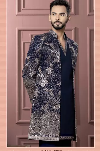 Blue vneck open indowestern for men | premium men's ethnic wear