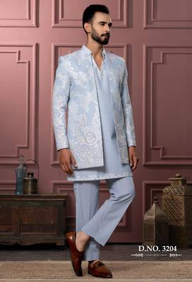 Sky blue v neck indowestern for men | premium men's ethnic wear 1