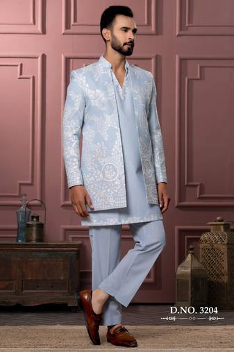 Sky blue v neck indowestern for men | premium men's ethnic wear