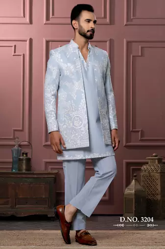 Sky blue v neck indowestern for men | premium men's ethnic wear