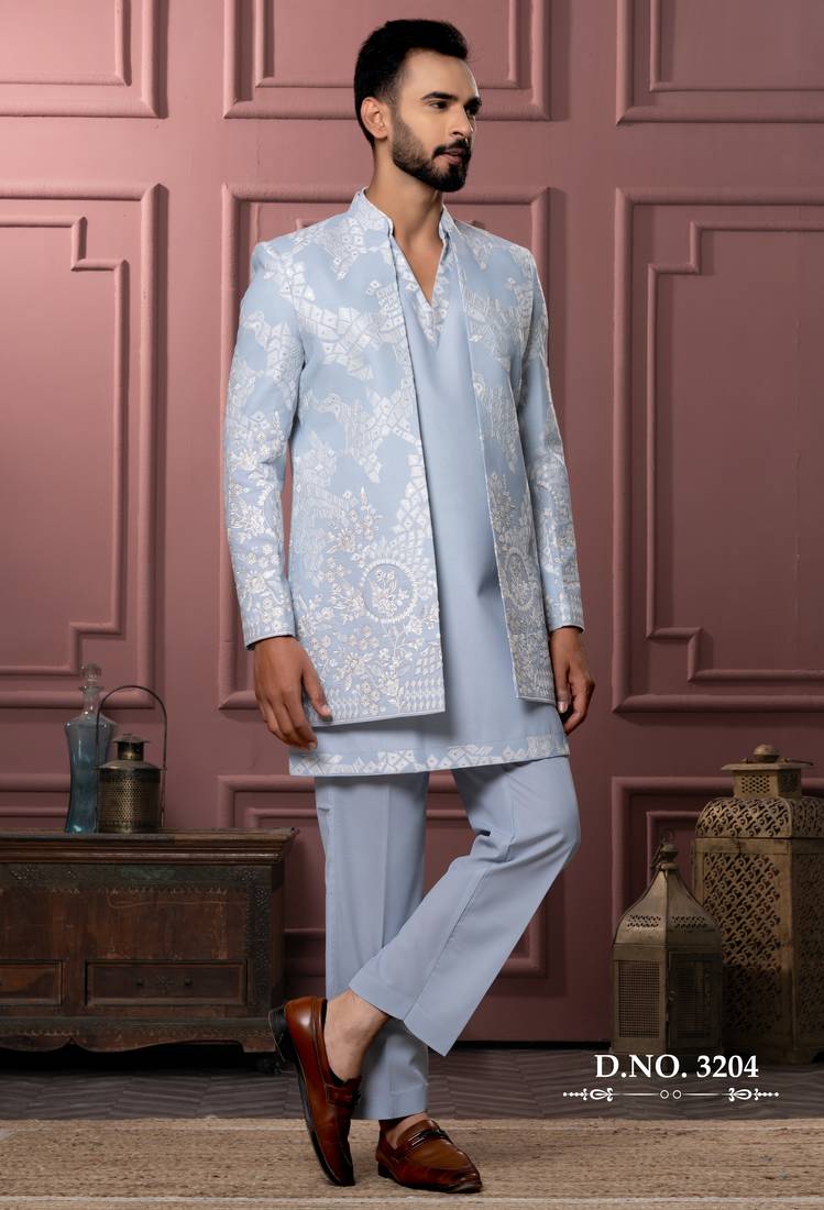 Sky blue v neck indowestern for men | premium men's ethnic wear