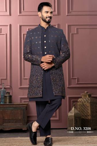 Grey open indowestern for men 