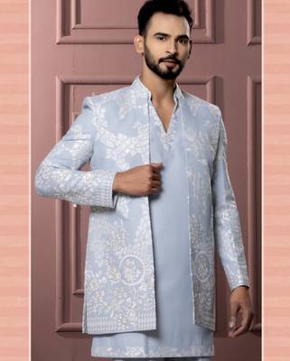 Sky blue v neck indowestern for men | premium men's ethnic wear 2